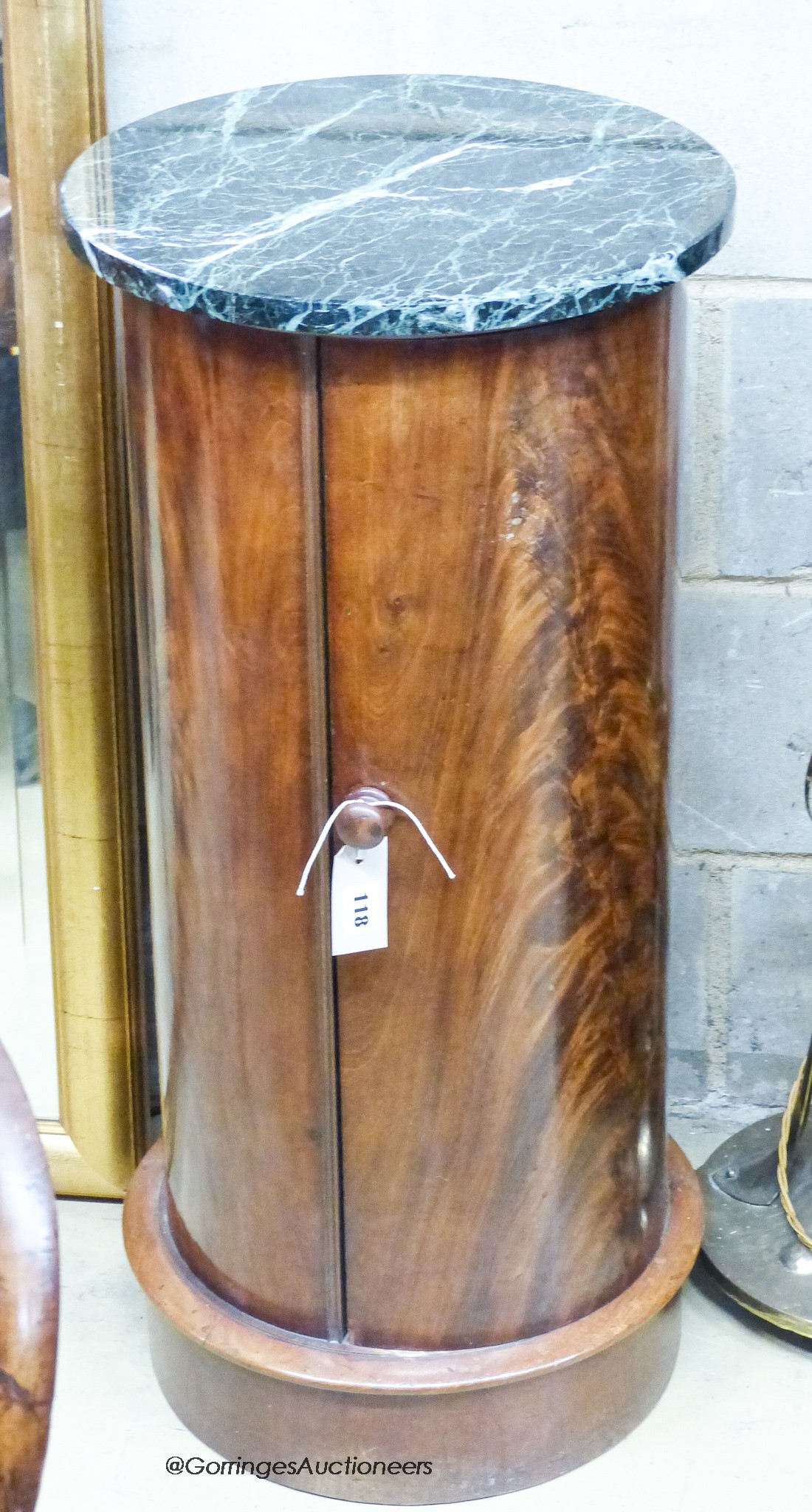 A Victorian mahogany cylinder pot cupboard with marble top, diameter 39cm, height 85cm
